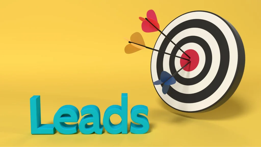 A target with three arrows in the bullseye and the word 'Leads' in blue text on a yellow background, symbolizing effective lead targeting.