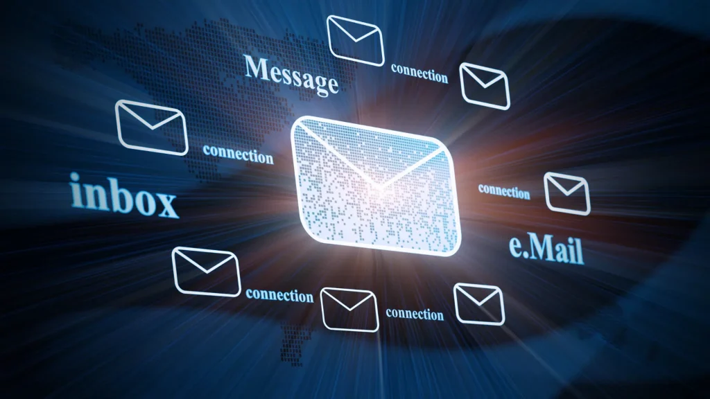 Glowing email icon with words like Message, inbox, connection, and email, representing email marketing strategy and customer engagement.