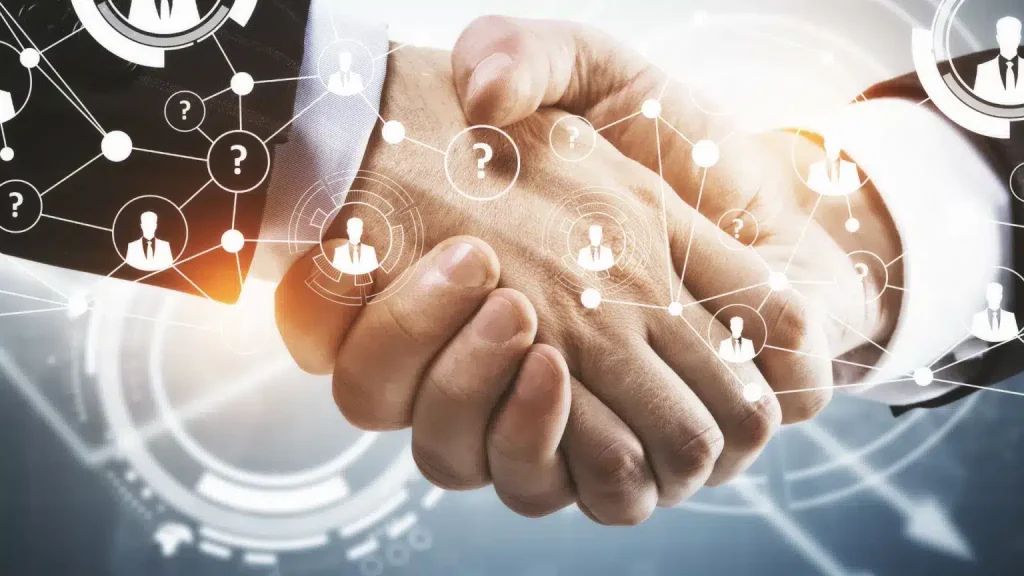 Handshake with network icons representing customer retention and business growth.