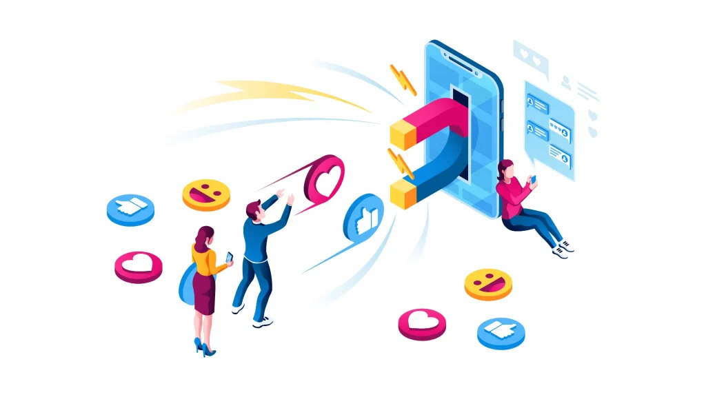 Illustration of people interacting with a smartphone using social media icons like hearts and thumbs up, with a large magnet attracting engagement symbols towards the phone.