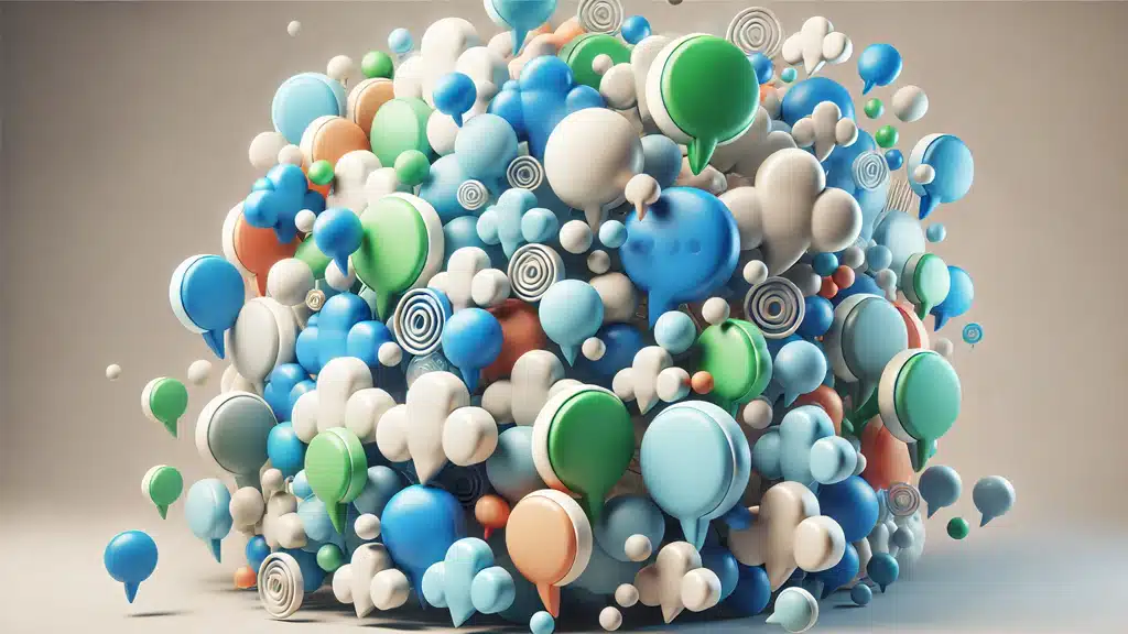 A vibrant cluster of colorful chat bubbles representing different text message notifications, symbolizing the benefits of SMS marketing in reaching a diverse audience.