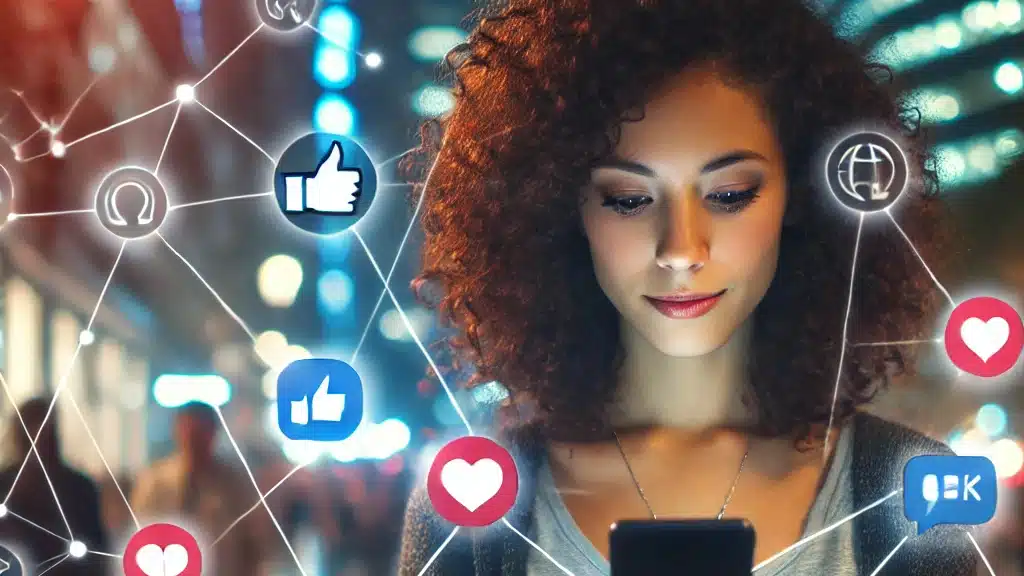 Woman looking at her smartphone, surrounded by social media icons like thumbs up, hearts, and messages, representing online connectivity.