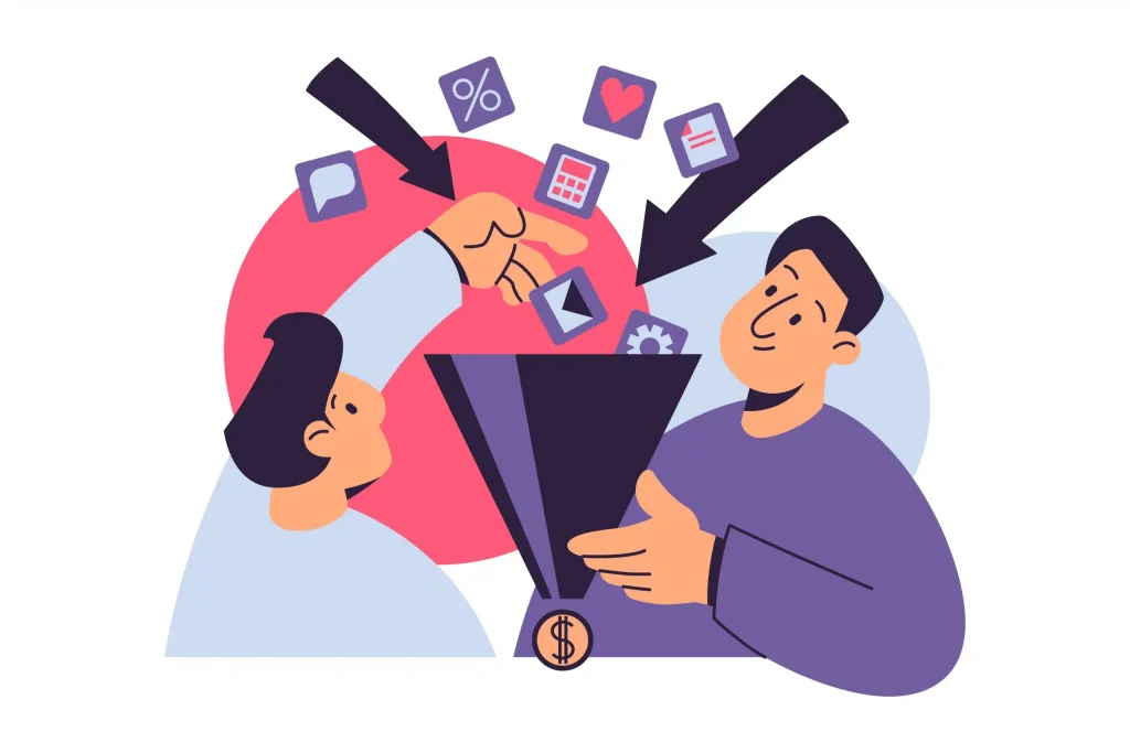 A funnel is being held by two people, showcasing an array of social media icons, representing online engagement.