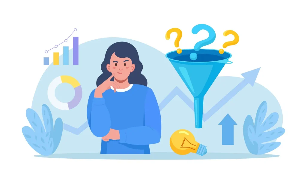 Vector image depicting a woman with a question mark and funnel, representing the process of questioning and gathering information.