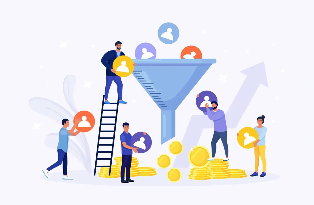 Individuals stand around a funnel, watching as coins and cash are directed into a central collection point.