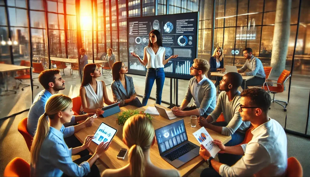 A Diverse Team Collaborates In A Modern Office