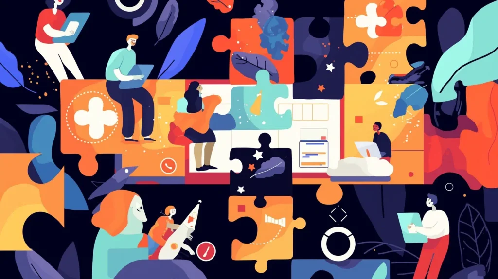 Illustration depicting individuals engaged in work on laptops and various electronic devices in a collaborative environment.