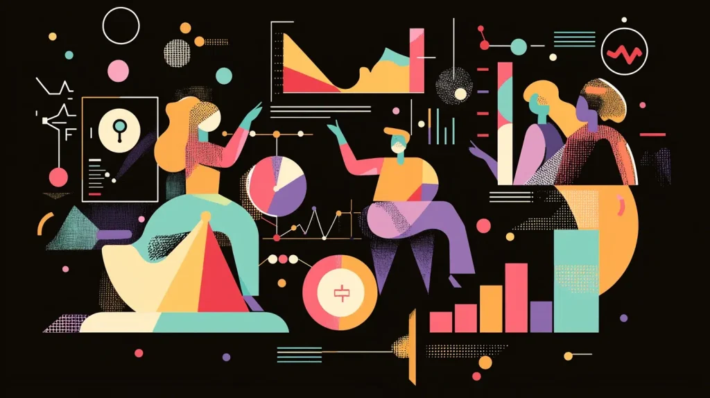 People gathered at a table, reviewing various graphs and charts to facilitate a collaborative discussion.