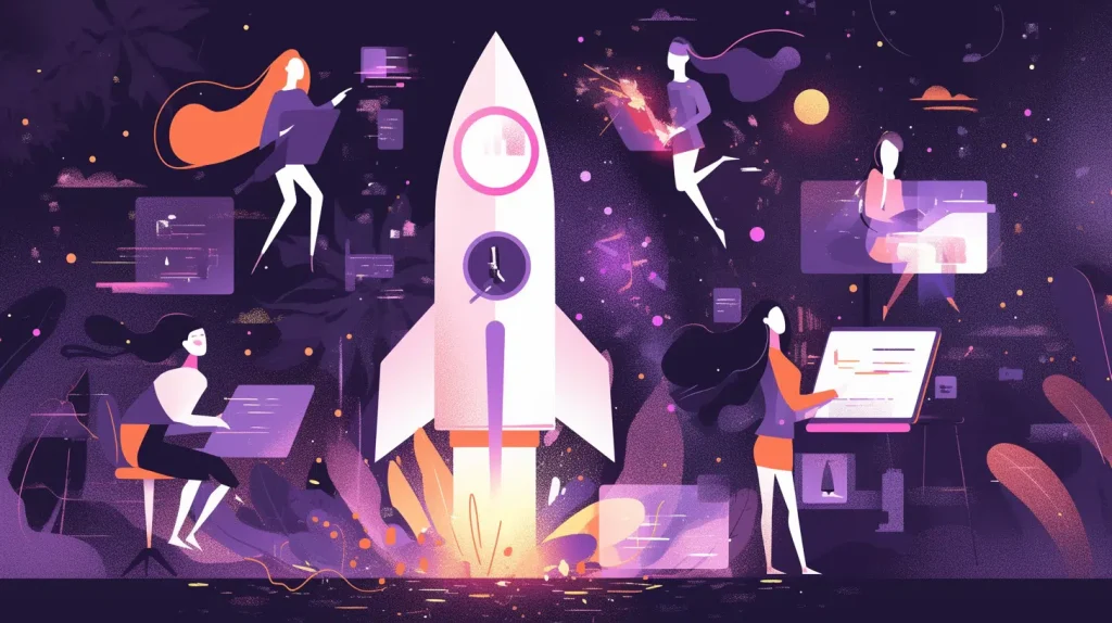 Engineers diligently work on a rocket in space, highlighting the collaborative efforts in advancing aerospace exploration.