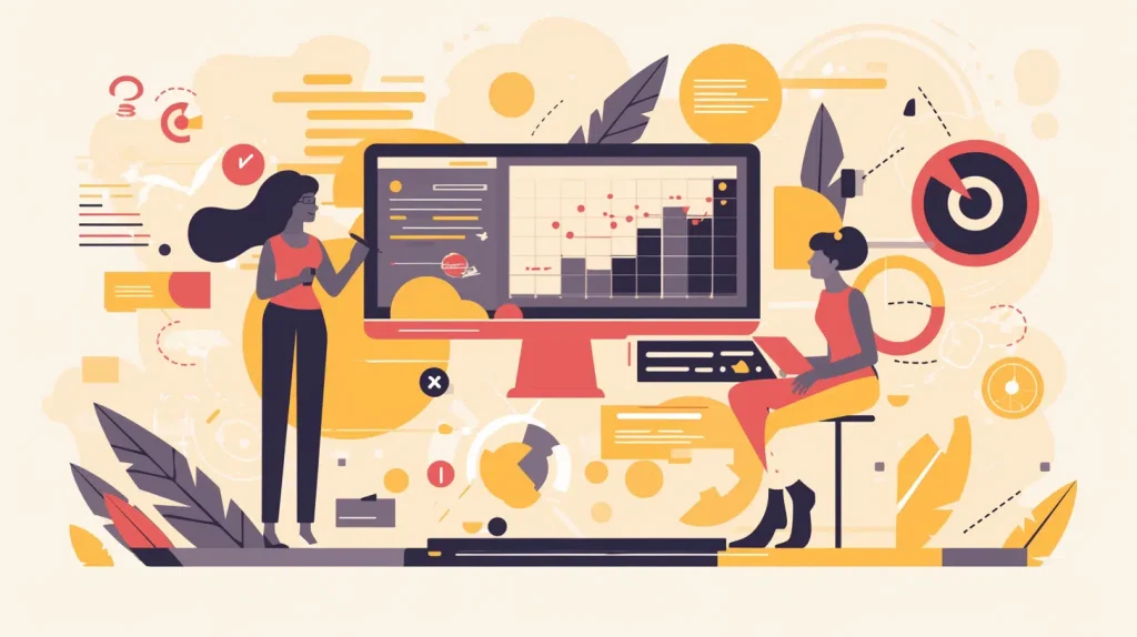 A woman stands beside a computer screen displaying a detailed chart, analyzing data with focus and intent.