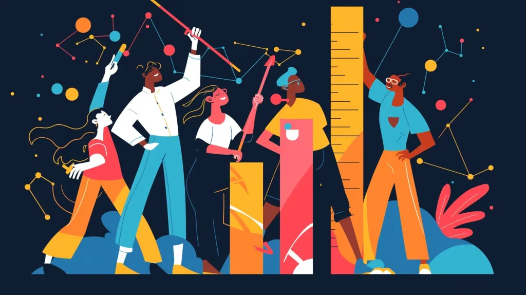 Several people are raising a ruler and a pencil, representing teamwork and engagement in an analysis