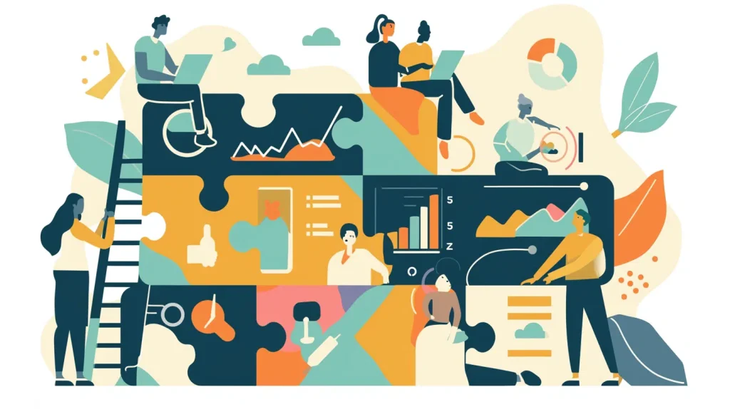 A group of individuals collaborates on assembling a puzzle piece surrounded by various items, showcasing teamwork and creativity.