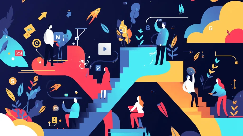 People of different backgrounds are positioned on a staircase, with an array of icons symbolizing various themes around them