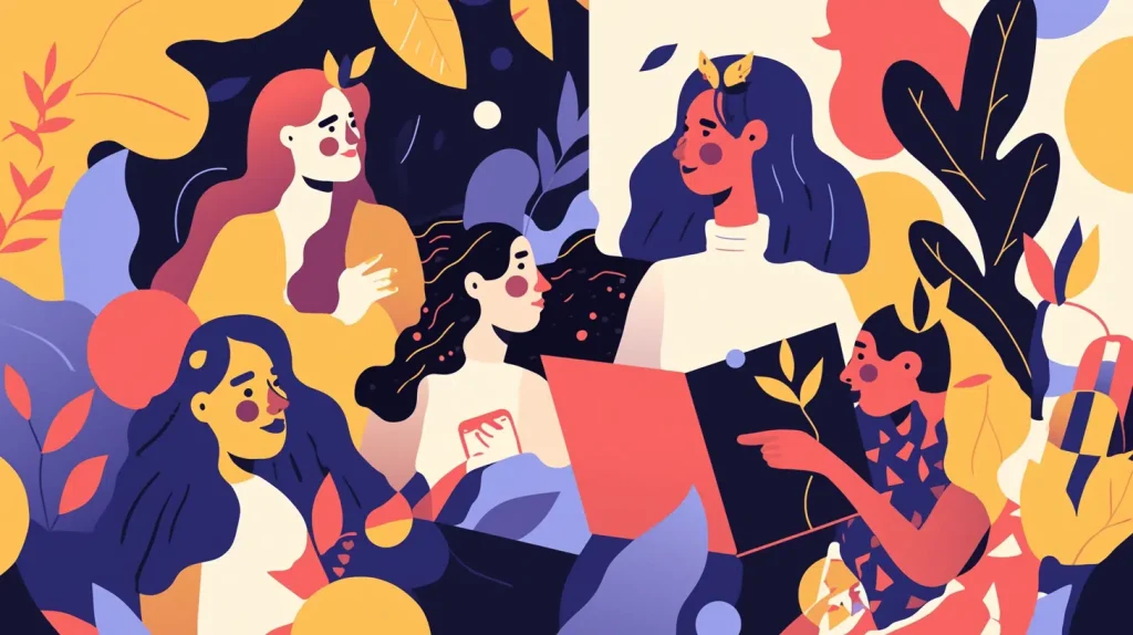 Several people gathered at a table, sharing ideas and reading from various books in a collaborative setting.