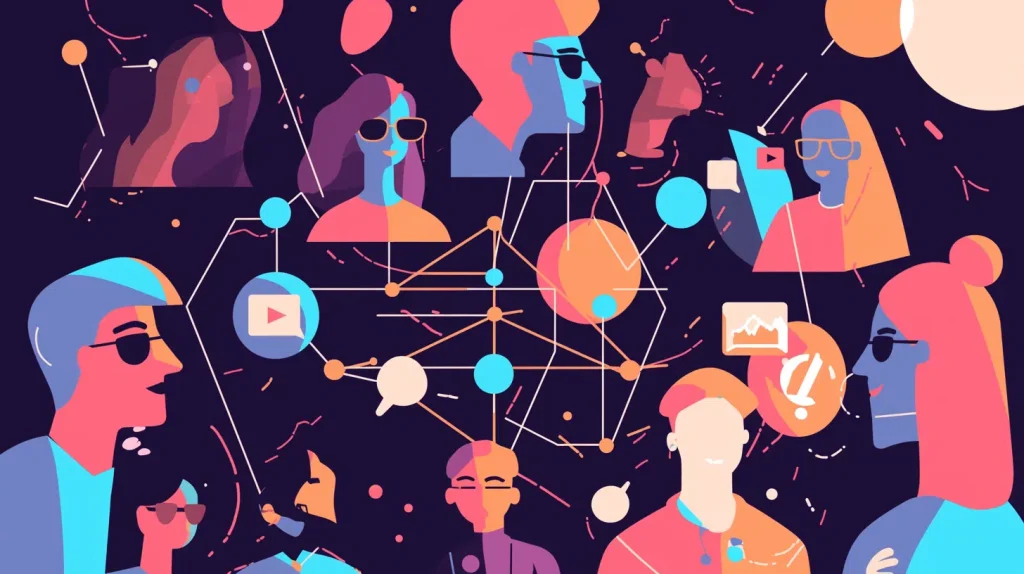 A gathering of people discussing and interacting with a display of social media icons, highlighting the importance of connectivity