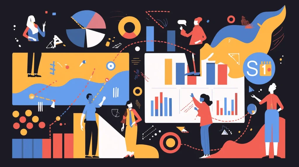 A group of individuals collaborating on a computer, analyzing graphs and charts for data insights.