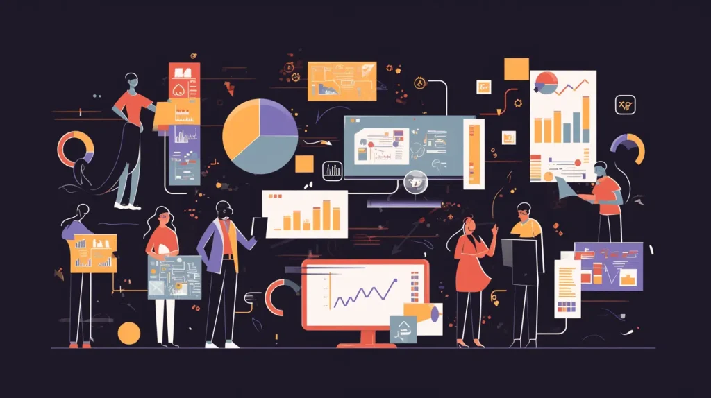 eople engaged in teamwork using computers and electronic devices in a professional environment.