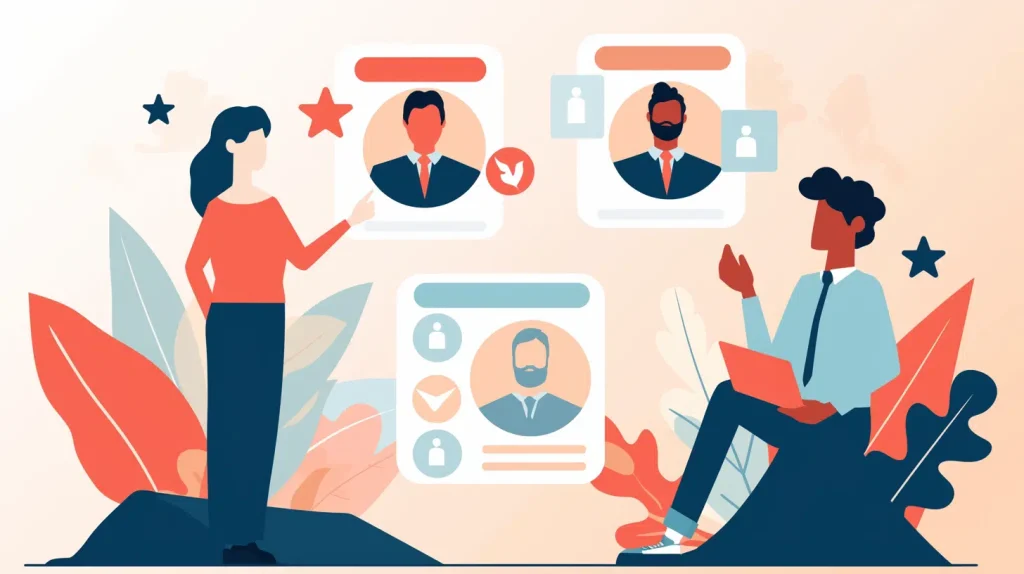 flat illustration of business owners comparing consultant profiles on floating screens with rating stars