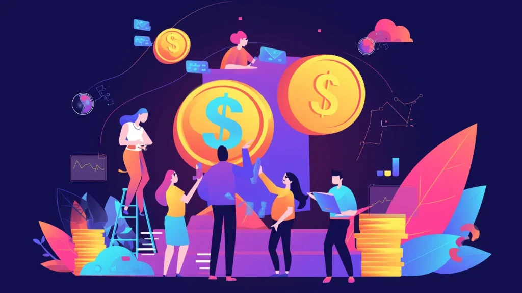 A diverse group of people encircling a significant amount of money, appearing intrigued and engaged in conversation