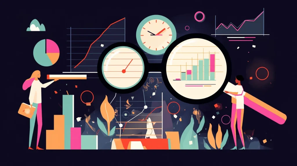 Individuals examining graphs and charts closely with a magnifying glass, highlighting data analysis and attention to detail.