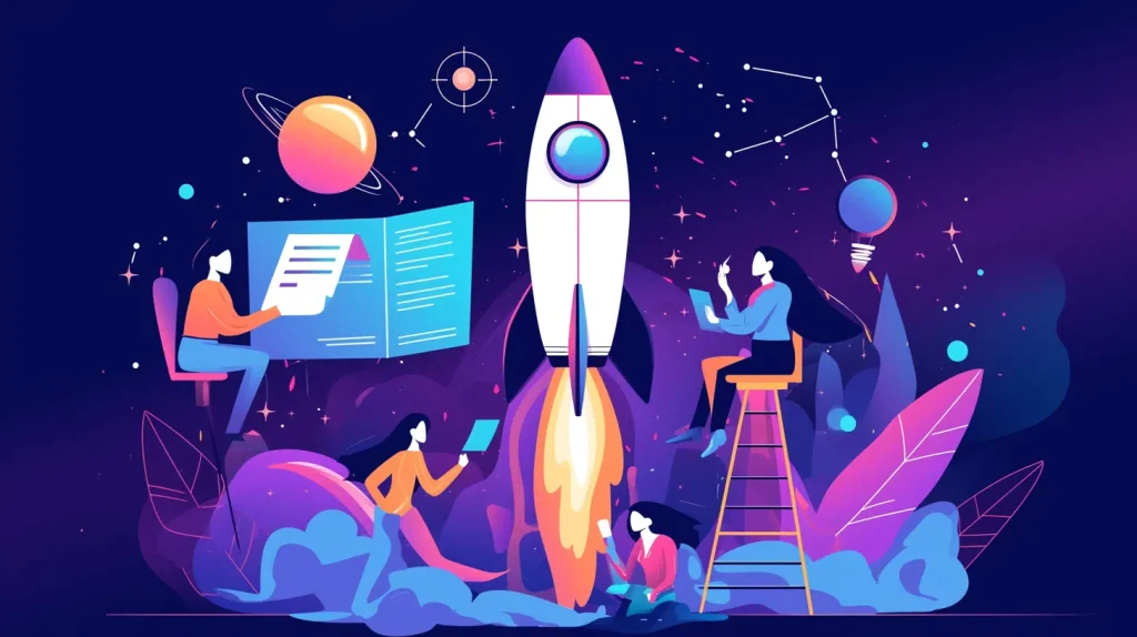 Engineers diligently work on a rocket in space, highlighting the collaborative efforts in advancing aerospace exploration.