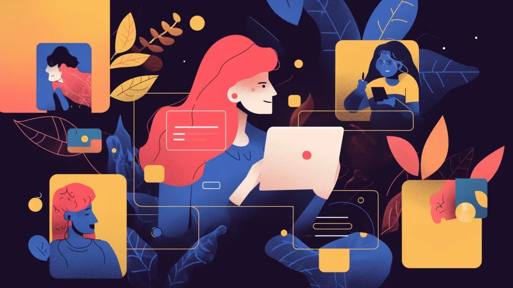 A woman engaged with her laptop, encircled by multiple icons symbolizing different options and personalized choices