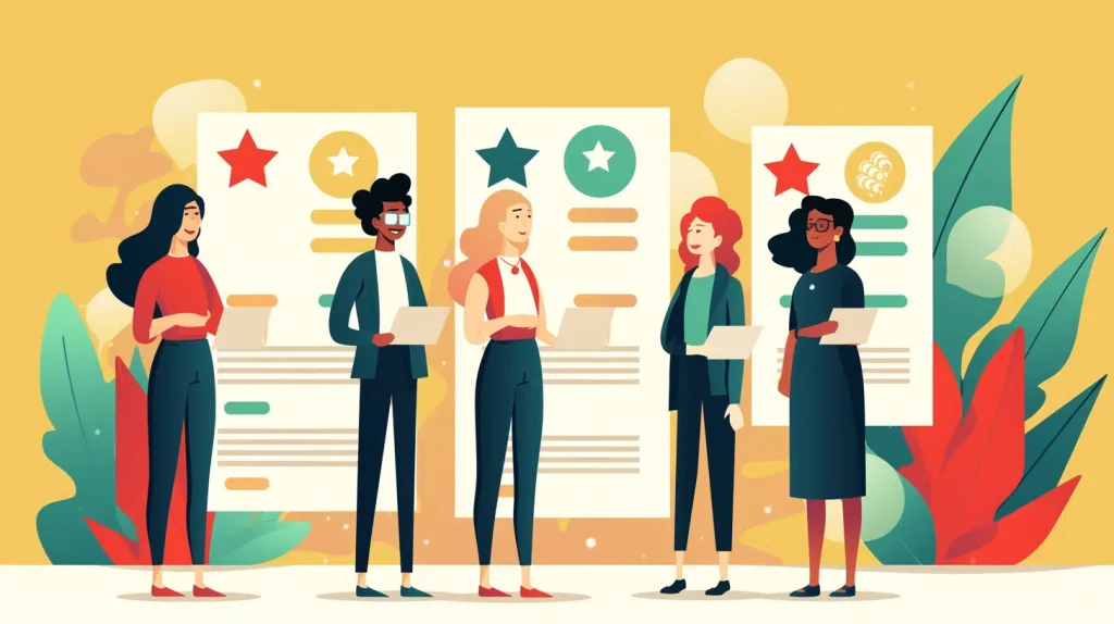 flat illustration of business owners comparing consultant profiles on floating screens with rating stars