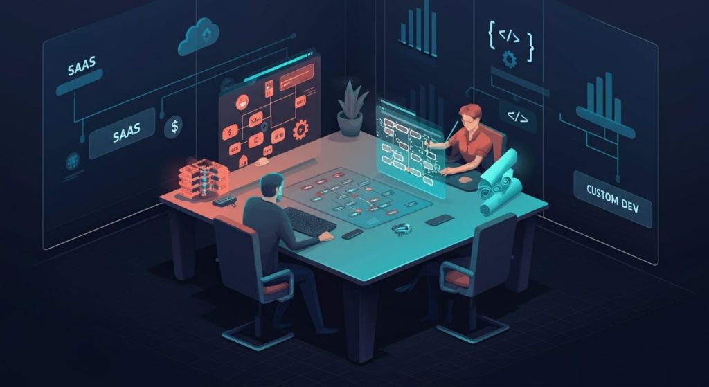 Business strategist at a split-path conference table weighing SaaS cloud icons on the left against custom-code blueprints and gears on the right.