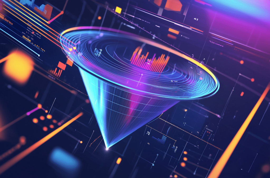 A cutting-edge computer funnel with a dynamic, colorful design, representing the future of technology and digital innovation.