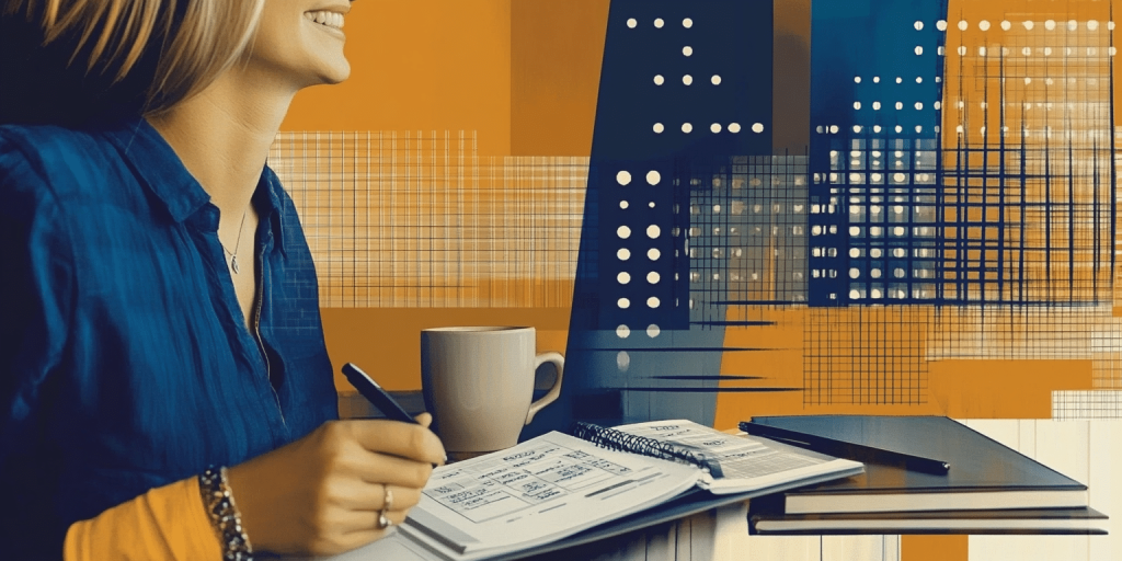 A woman seated at a desk, writing in a notebook, with a coffee cup beside her, focused on her work.