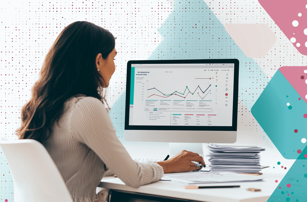A woman seated at a desk, focused on a computer screen, with a stack of papers beside her.