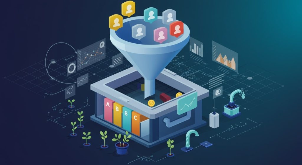 A stylized sales funnel on a dark gradient background, sorting color-coded lead icons (gold, silver, bronze) into separate segmentation bins, with small sprouting plants below symbolizing lead nurturing, and faint data points and grid lines indicating analytics.