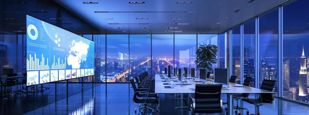 a sleek, modern office workspace showcases a large, illuminated computer screen displaying an eye-catching website design, with digital charts and analytics visible, emphasizing the urgency for a business website refresh.